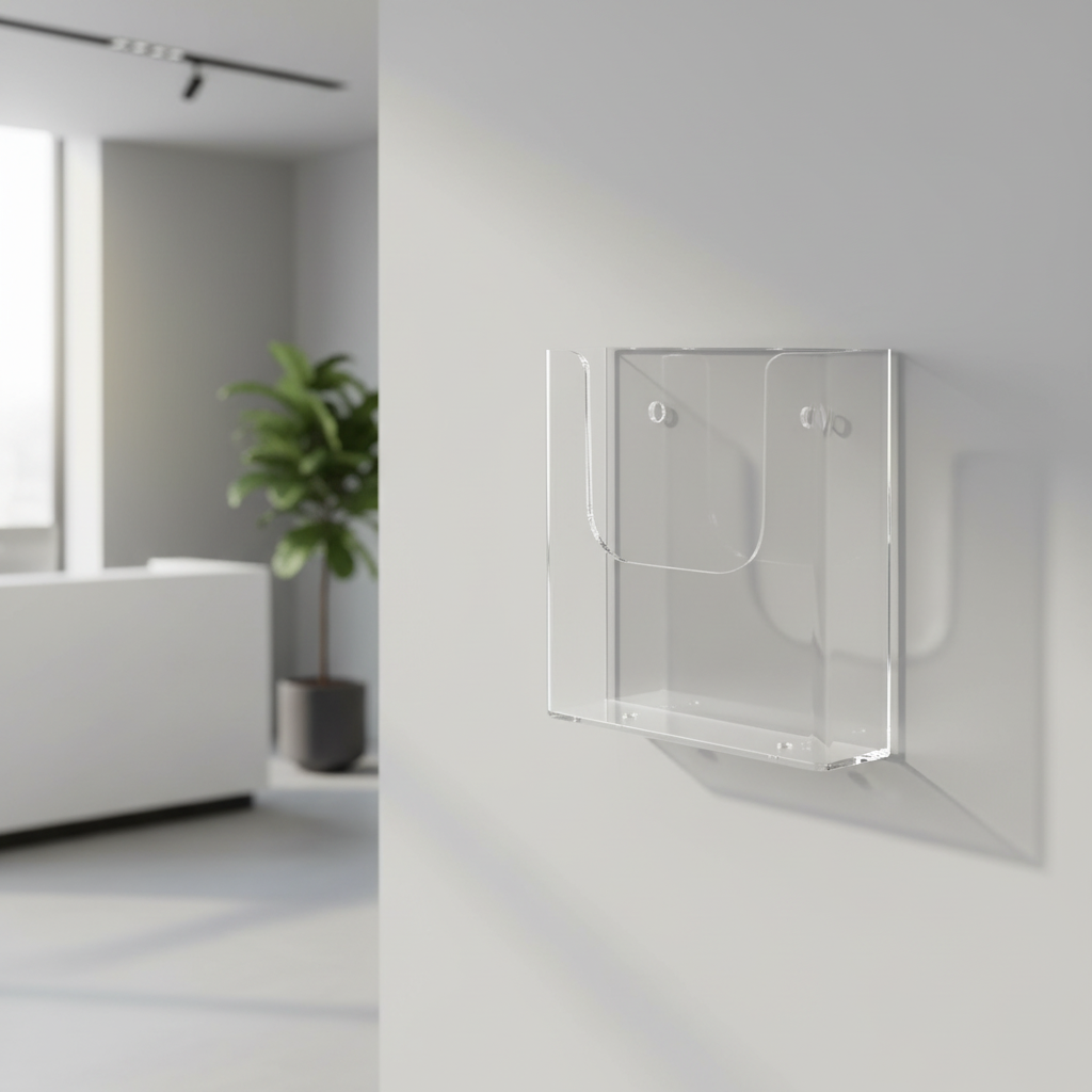 Porta folletos de pared en acrílico transparente A4.