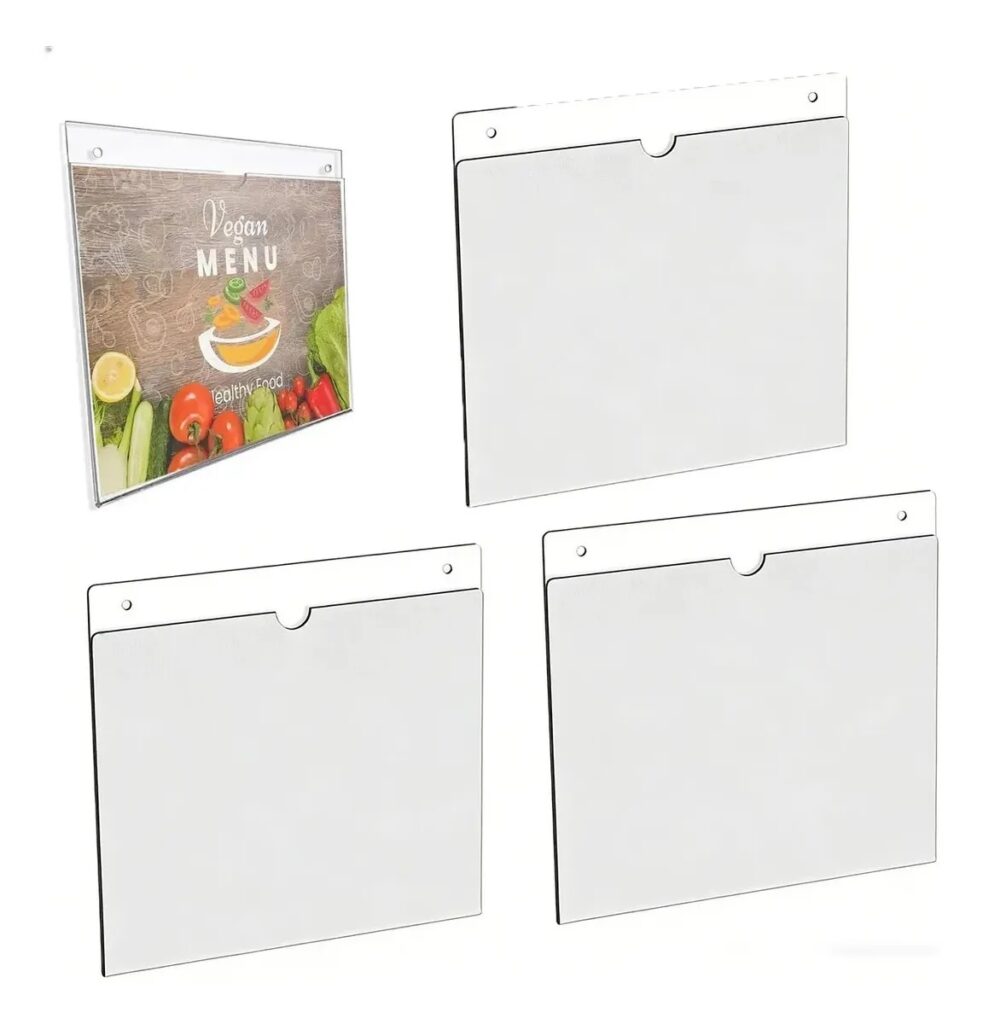 Porta afiche para pared en acrílico ultra clear transparente horizontal 30x23.5cms