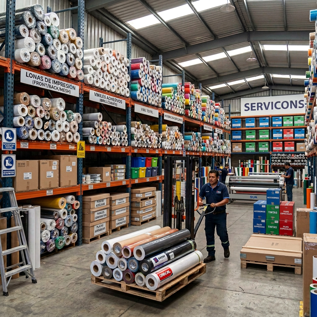 Worker moving pallet of printing vinyl in warehouse